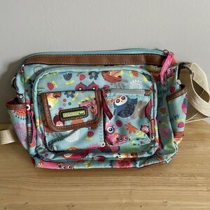 Lily Bloom Crossbody Purse Owl Flower Pattern 3 Outside Pockets 11x8x4" Used